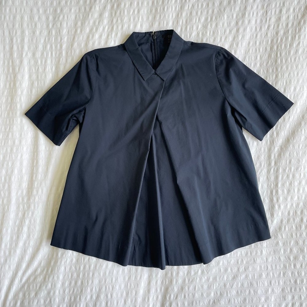 COS Short Sleeve Black/Midnight Navy Collared Tunic-Blouse - Small / EUR 34